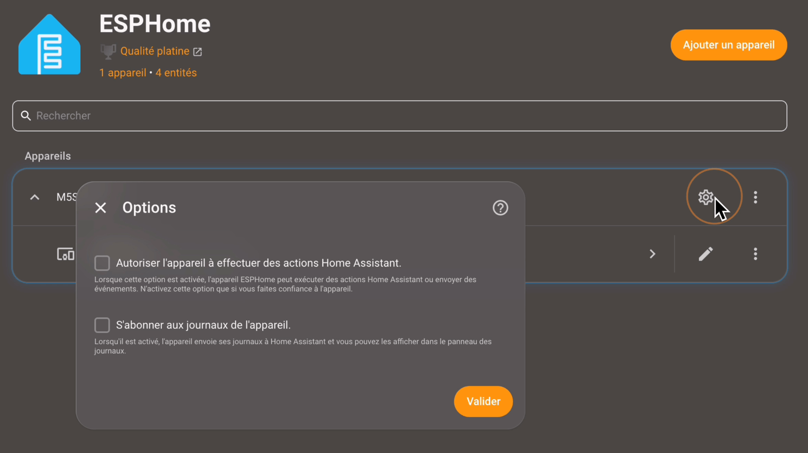 options de l'intégration ESPHome