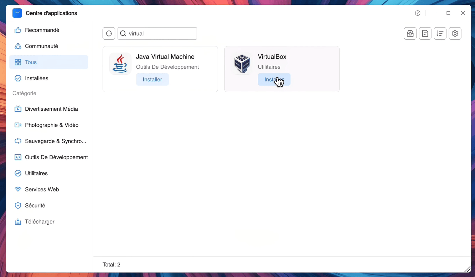 App Center : installation de VirtualBox