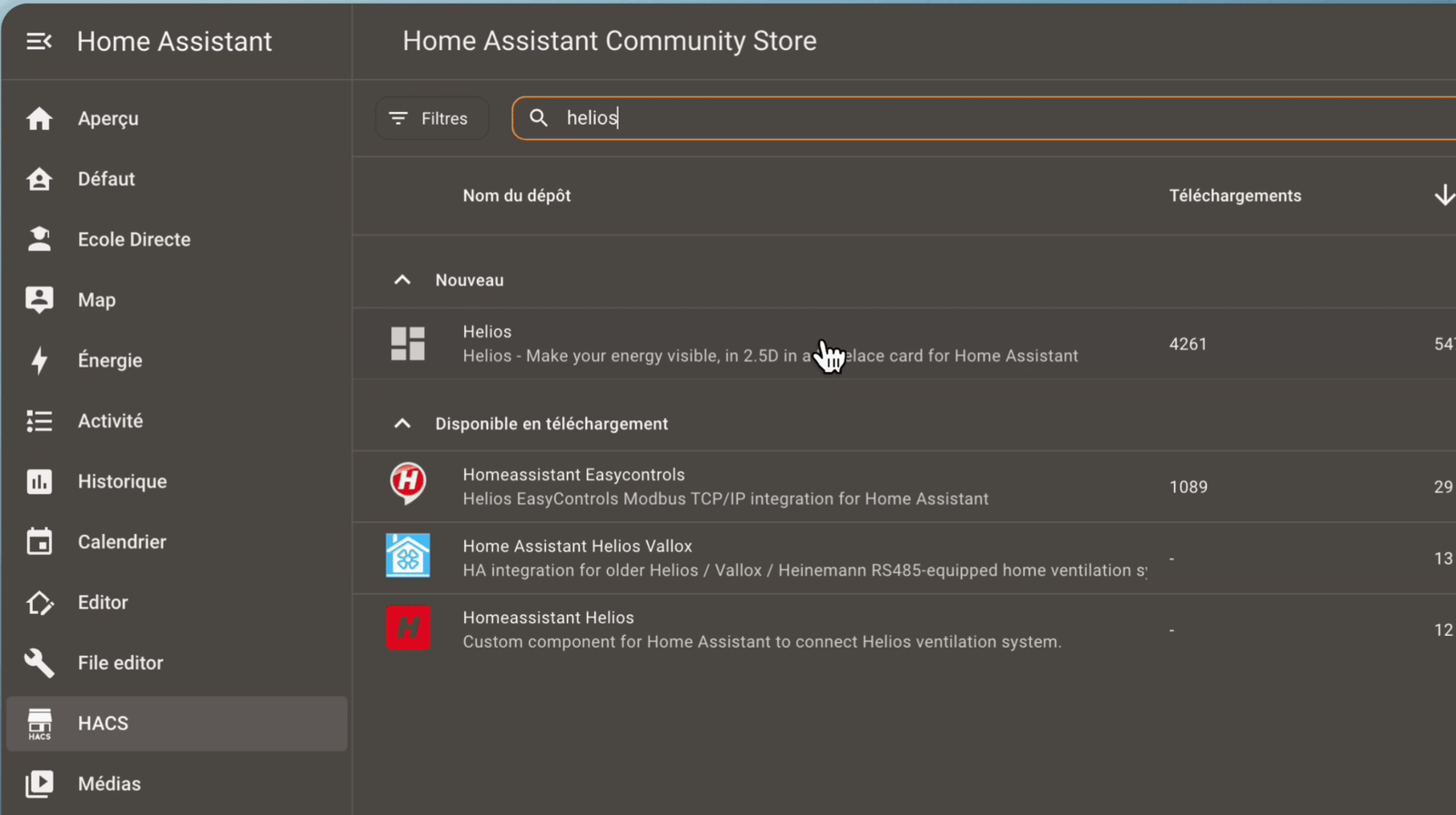 Installation d'Helios via HACS
